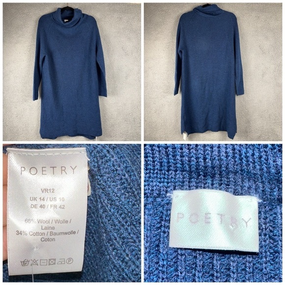 Poetry Sweater Dress Womens 10 Blue Funnel Neck Knit Wool Blend Y2K Boho NEW - Picture 8 of 10
